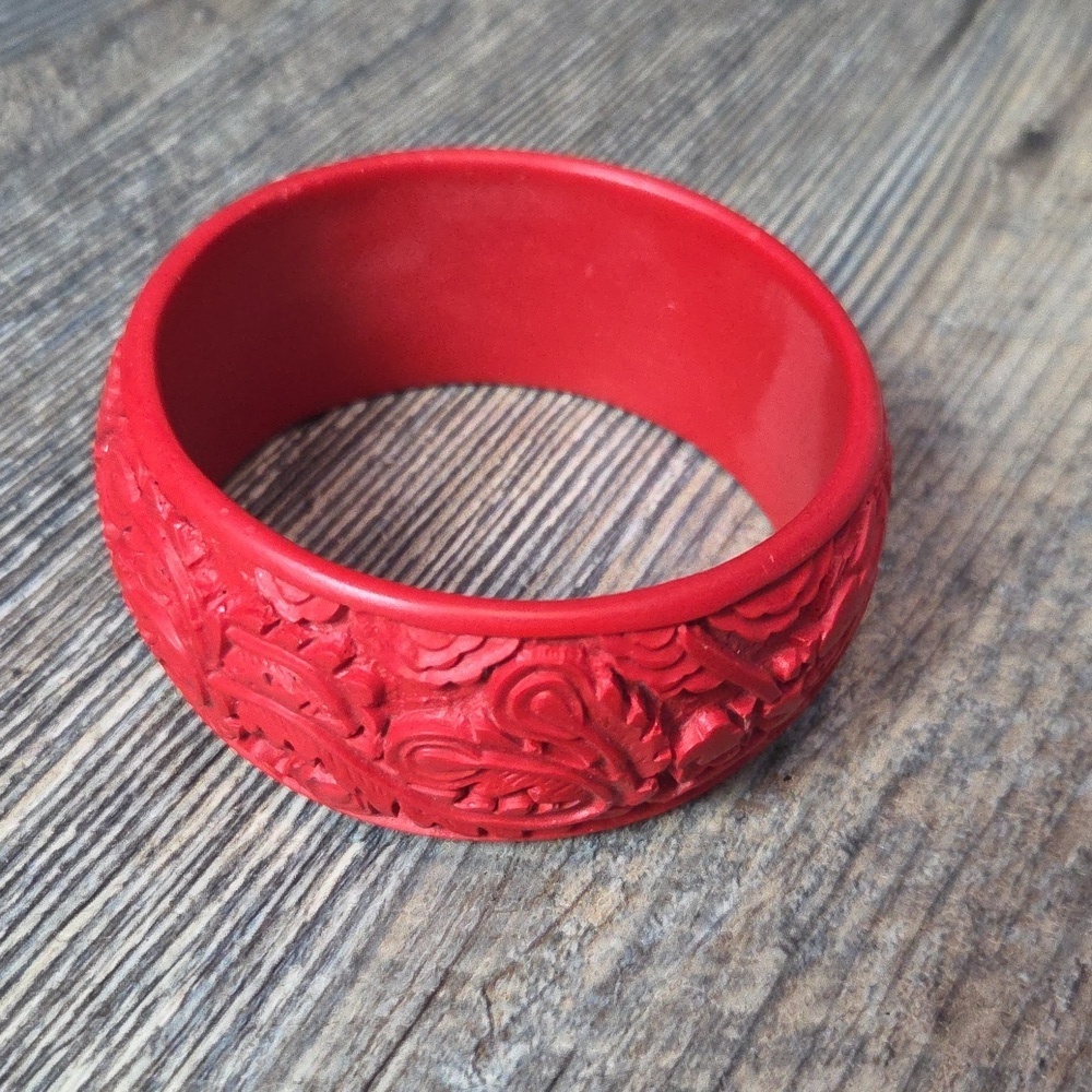 Vintage Red Cinnabar Carved Phoenix And Dragon Bangle Bracelet